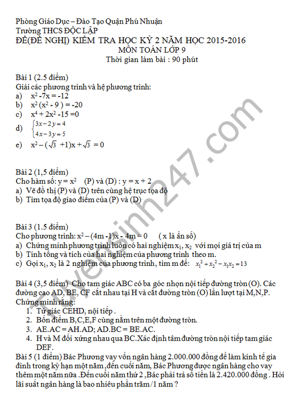 De thi hoc ki 2 lop 9 mon Toan - THCS Doc Lap 2016