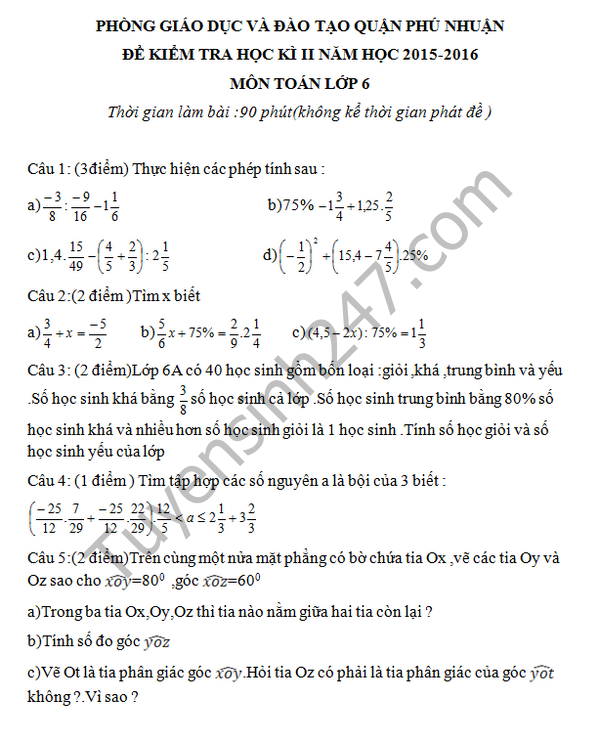 De thi hoc ki 2 lop 6 mon Toan - THCS Hong Ha 2016