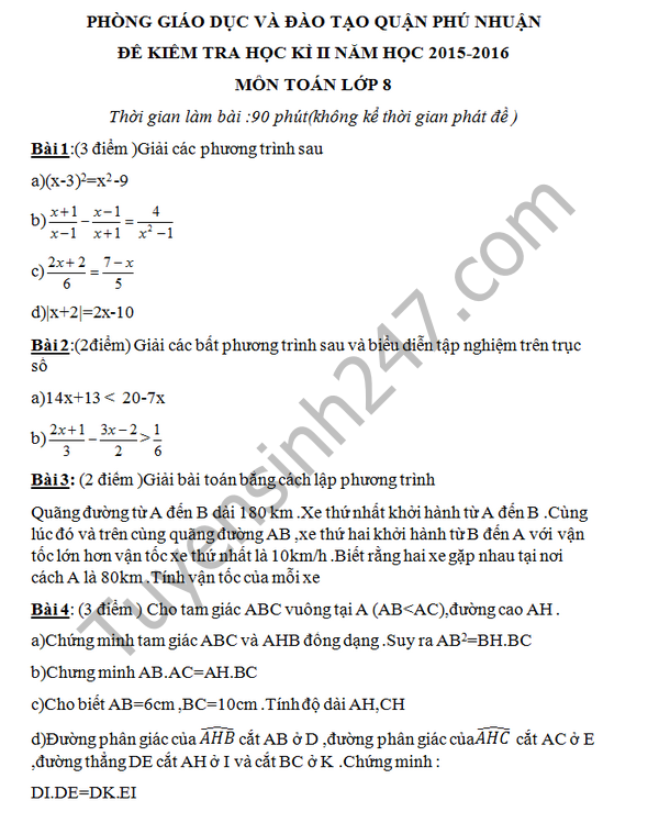 De thi hoc ki 2 lop 8 mon Toan - THCS&THPT Hong Ha 2016