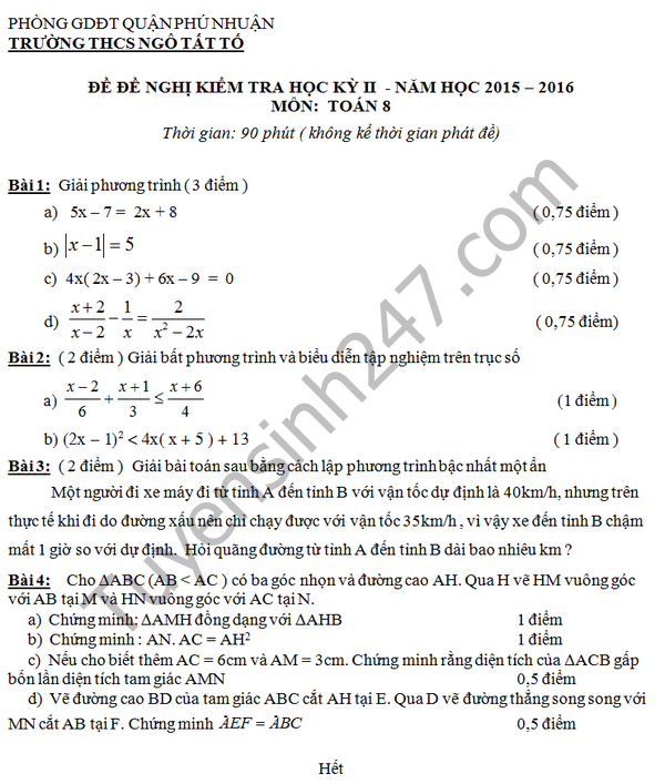 De thi hoc ki 2 lop 8 mon Toan - THCS Ngo Tat To 2016