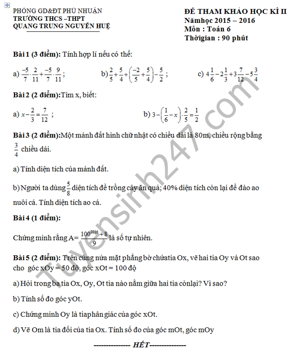 De thi hoc ki 2 lop 6 mon Toan- THCS&THPT Quang Trung Nguyen Hue 2016