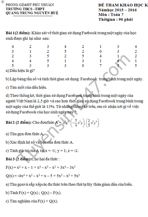 De thi hoc ki 2 lop 7 mon Toan - THCS&THPT Quang Trung Nguyen Hue 2016