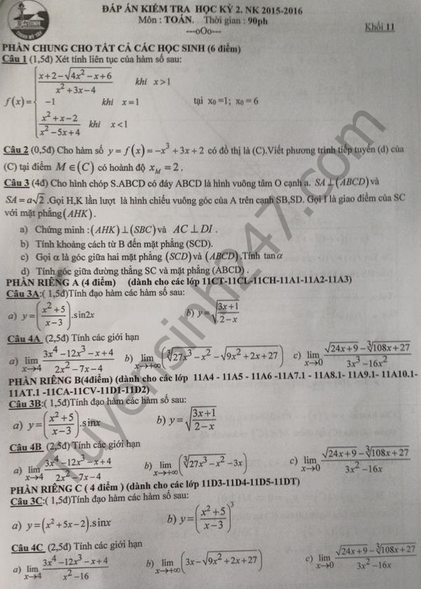 De thi hoc ki 2 lop 11 mon Toan – THPT Gia Dinh 2016