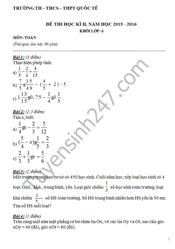 De thi hoc ki 2 lop 6 mon Toan - TH&THCS&THPT Quoc Te 2016