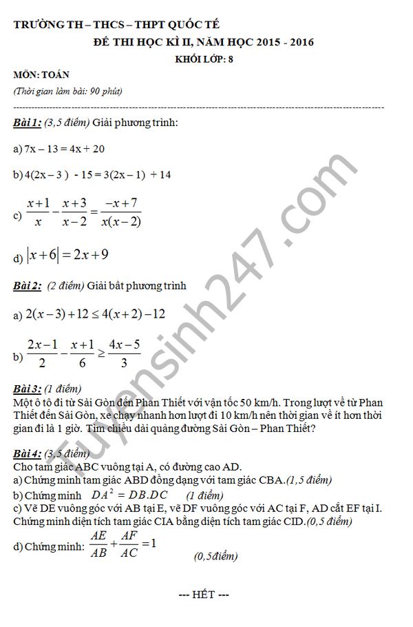 De thi hoc ki 2 lop 8 mon Toan - TH&THCS&THPT Quoc Te 2016