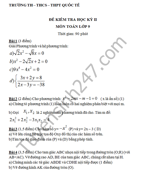 De thi hoc ki 2 lop 9 mon Toan - TH&THCS&THPT Quoc Te 2016