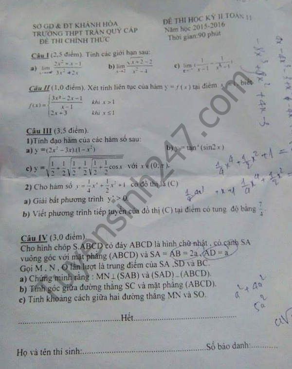 De thi hoc ki 2 lop 11 mon Toan - THPT Tran Quy Cap 2016