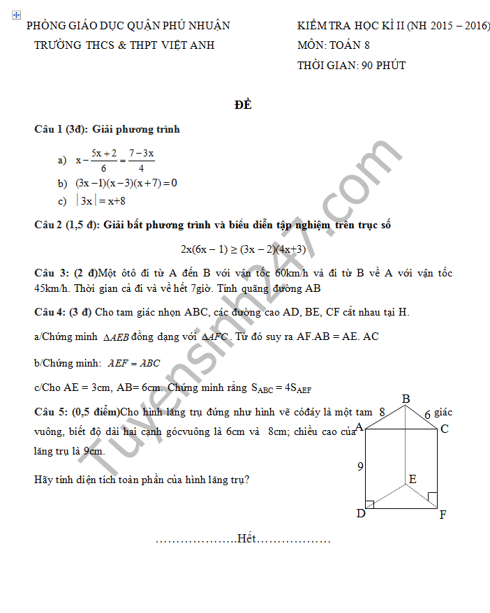De thi hoc ki 2 lop 8 mon Toan - THCS&THPT Phu Nhuan 2016