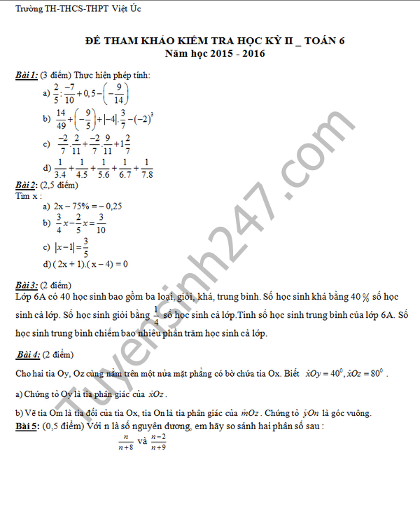 De thi hoc ki 2 lop 6 mon Toan - TH&THCS&THPT Viet Uc 2016