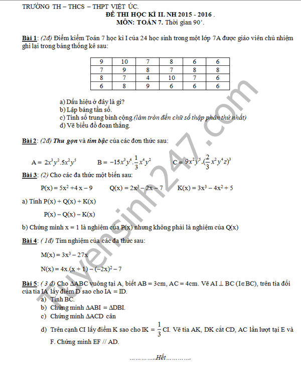 De thi hoc ki 2 lop 7 mon Toan - THCS Viet Uc 2016