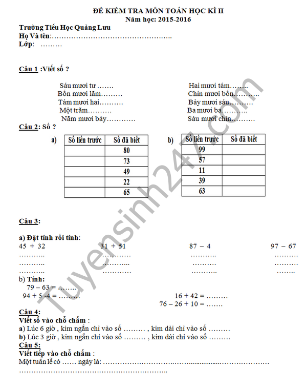 De thi hoc ki 2 lop 1 mon Toan - TH Quang Luu 2016