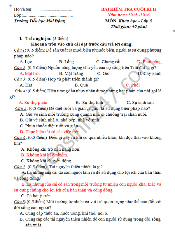 De thi hoc ki 2 lop 5 mon Khoa hoc - TH Mai Dong 2016