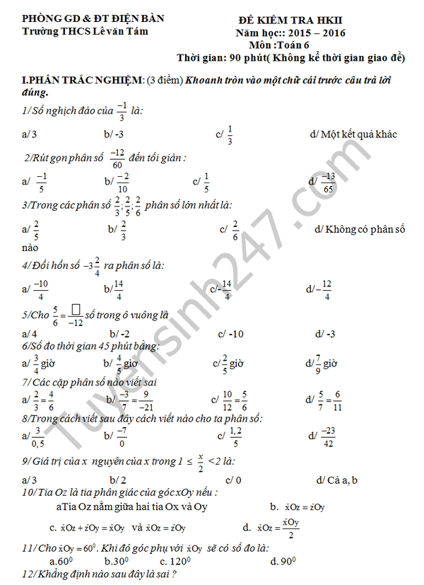 De thi hoc ki 2 lop 6 mon Toan - THCS Le Van Tam 2016