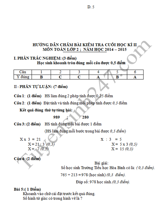 De thi hoc ki 2 lop 2 mon Toan - TH Phuong Trung II nam 2016