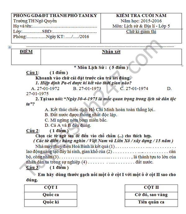 De thi hoc ki 2 lop 5 mon Su &Dia – TH Ngo Quyen 2016