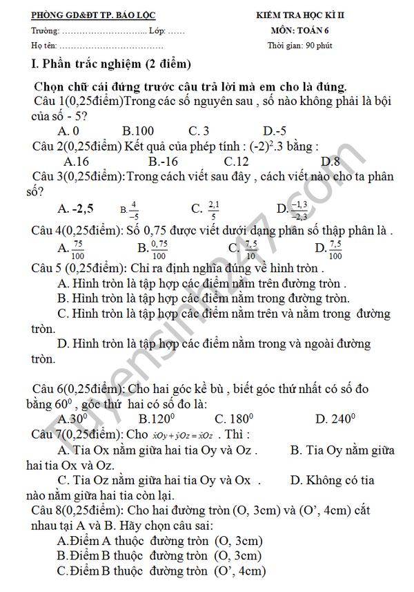 De thi hoc ki 2 lop 6 mon Toan - Phong GD Bao Loc 2016