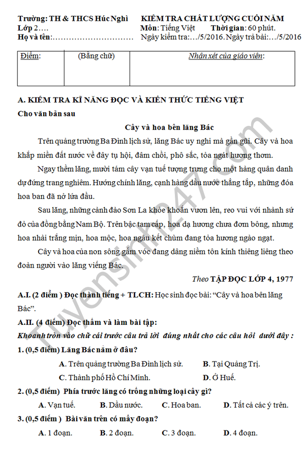De thi hoc ki 2 lop 2 mon Tieng Viet - TH&THPT Huc Nghi 2016