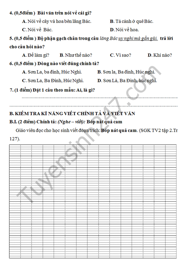 De thi hoc ki 2 lop 2 mon Tieng Viet - TH&THPT Huc Nghi 2016