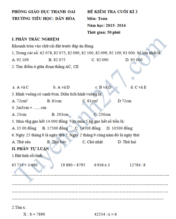 De thi hoc ki 2 lop 3 mon Toan - TH Dan Hoa 2016