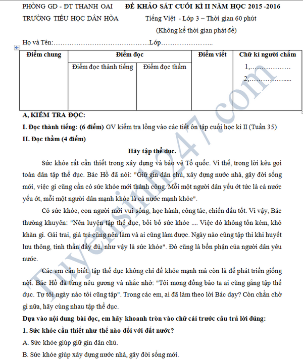 De thi hoc ki 2 lop 3 mon Tieng Viet - TH Dan Hoa 2016