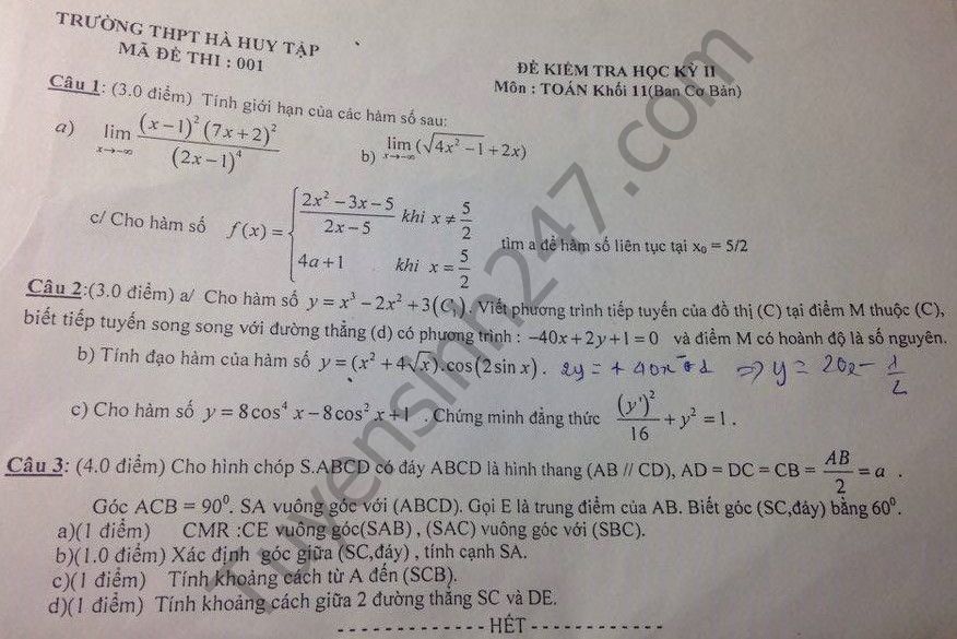 De thi hoc ki 2 lop 11 nam 2016 mon Toan – THPT Ha Huy Tap