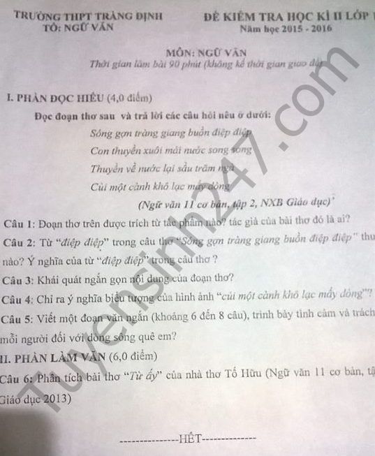 De thi hoc ki 2 mon Van 11 - THPT Trang Dinh 2016