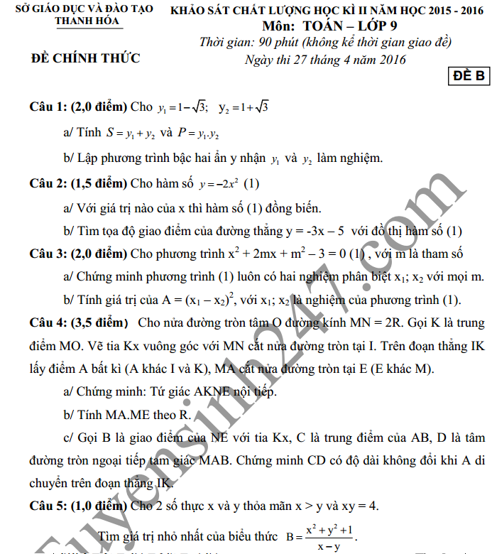 De thi hoc ki 2 lop 9 mon Toan – So GD Thanh Hoa 2016