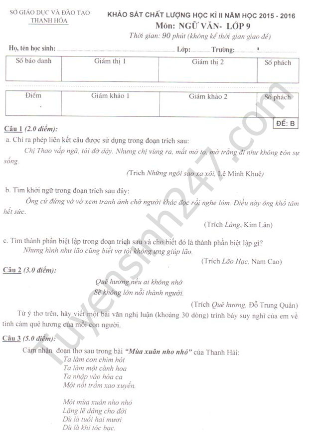 De thi hoc ki 2 lop 9 nam 2016 mon Van – So GD Thanh Hoa