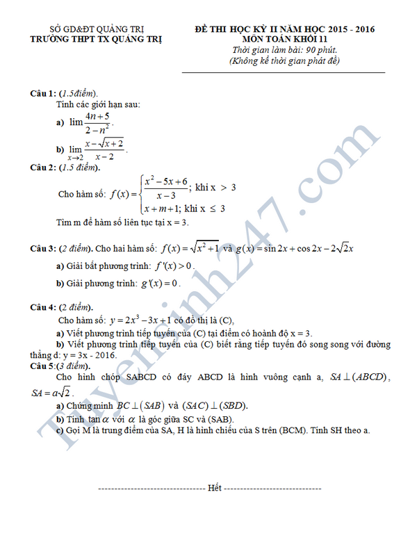 De thi hoc ki 2 lop 11 mon Toan - THPT TX Quang Tri 2016