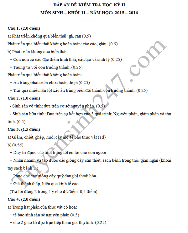 De thi hoc ki 2 lop 11 mon Sinh hoc - THPT Nguyen Chi Thanh 2016