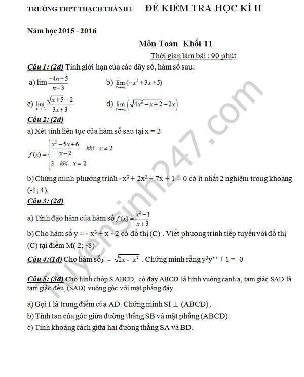 De thi hoc ki 2 lop 11 mon Toan - THPT Thach Thanh 1 nam 2016
