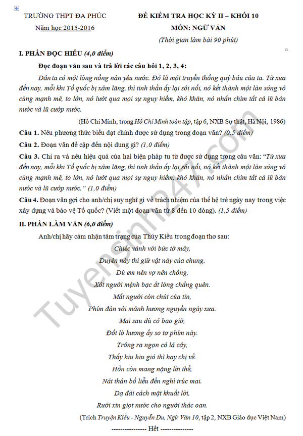 De thi hoc ki 2 lop 10 mon Van - THPT Da Phuc 2016