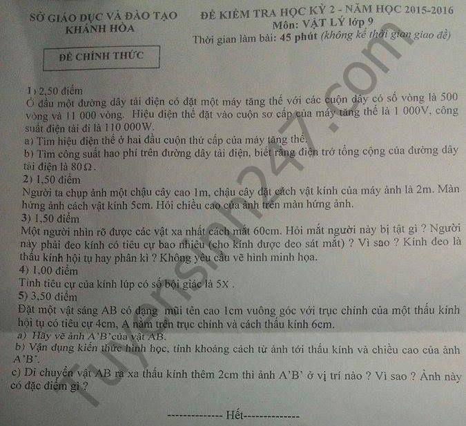 De thi hoc ki 2 lop 9 mon Ly – So GD Khanh Hoa 2016