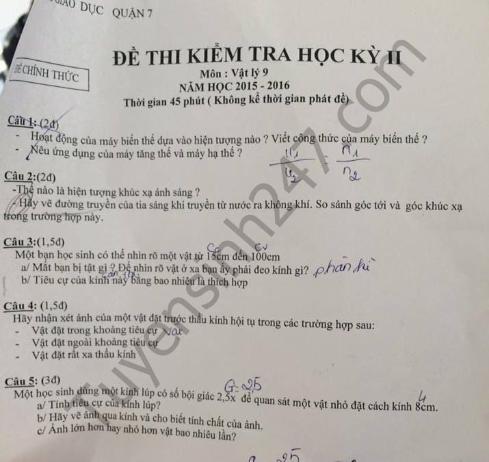 De thi hoc ki 2 lop 9 mon Ly – Quan 7 nam 2016