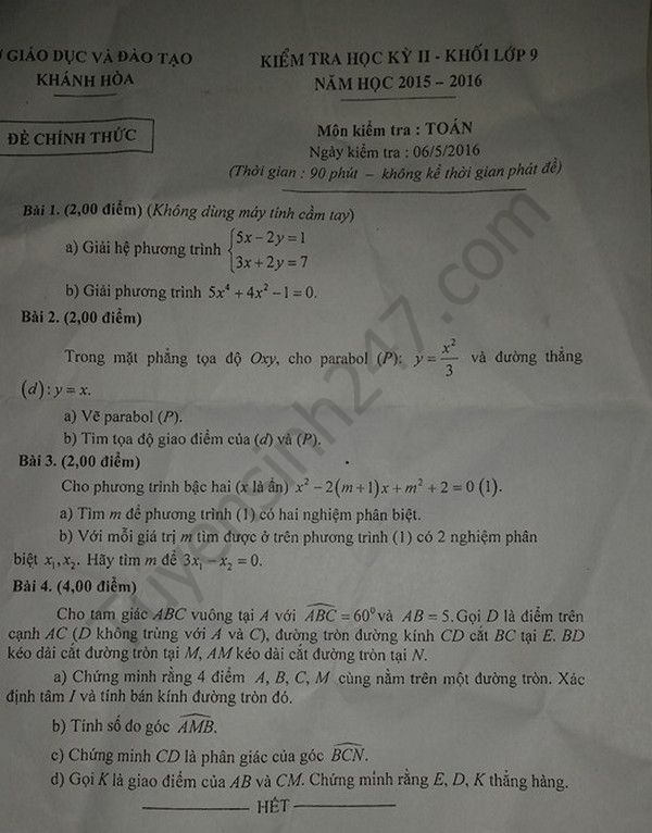 De thi hoc ki 2 lop 9 mon Toan - So GD&DT Khanh Hoa 2016