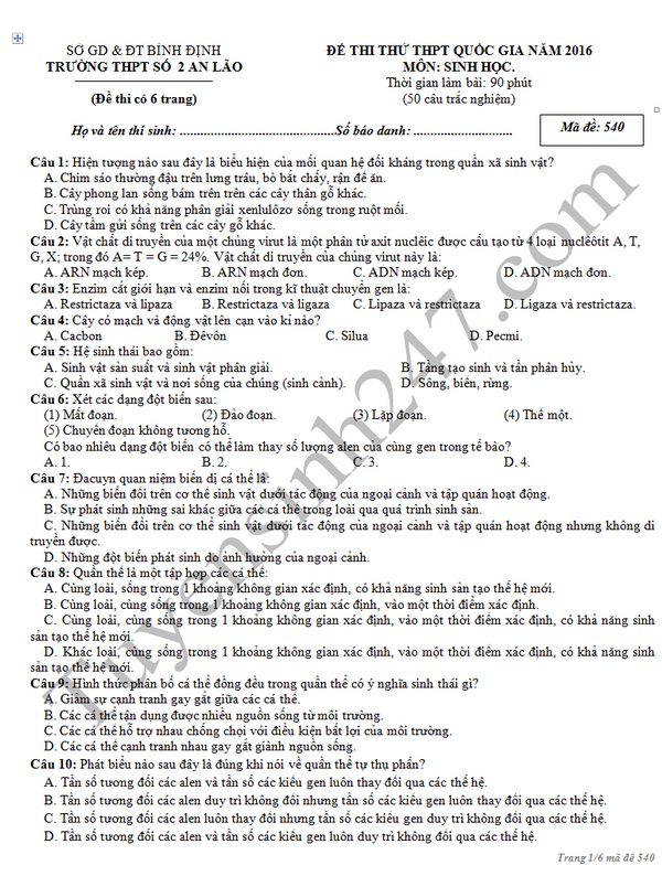 De thi thu THPT mon Sinh - THPT so 2 An Lao