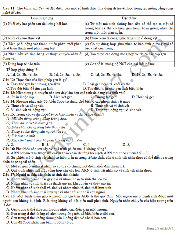 De thi thu THPT mon Sinh - THPT so 2 An Lao