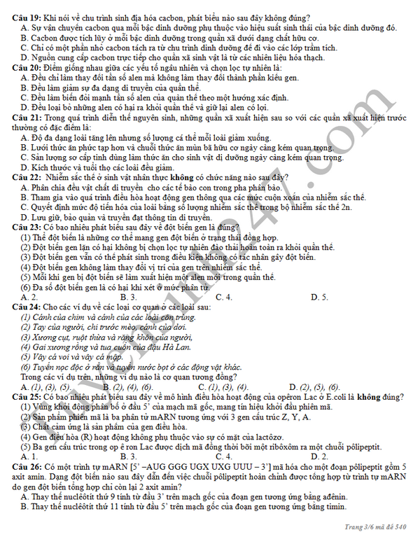 De thi thu THPT mon Sinh - THPT so 2 An Lao