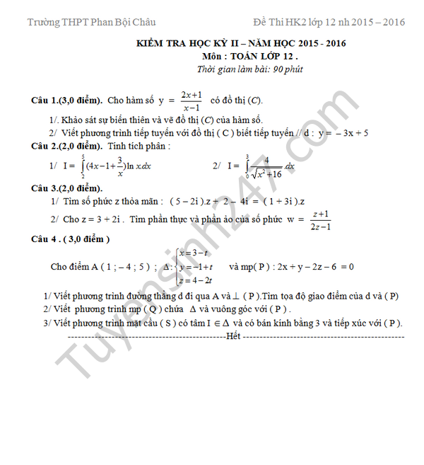 De thi hoc ki 2 lop 12 mon Toan - THPT Phan Boi Chau 2016