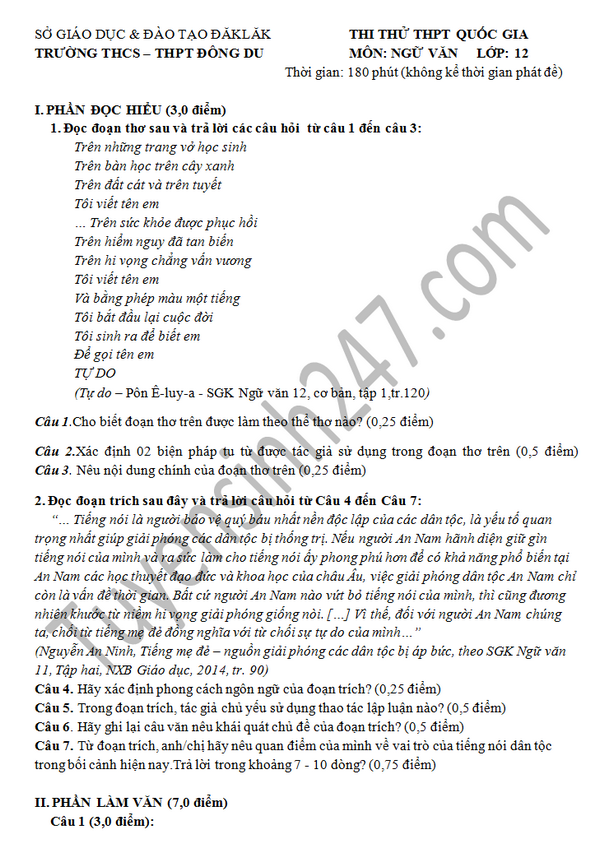 De thi thu THPT QG 2016 mon Van - THCS&THPT Dong Du