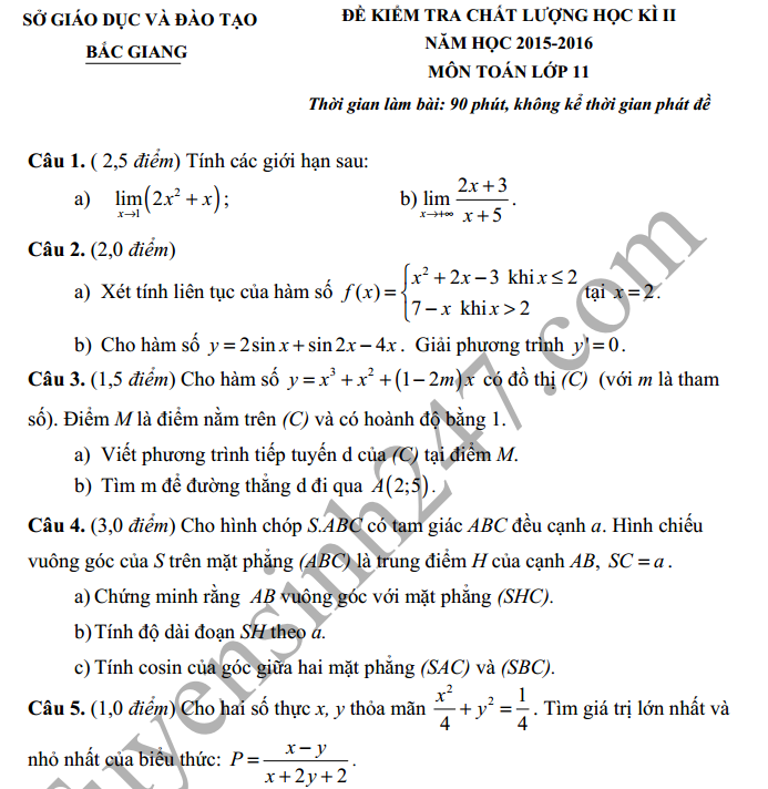 De thi hoc ki 2 lop 11 mon Toan 2016 – So GD Bac Giang