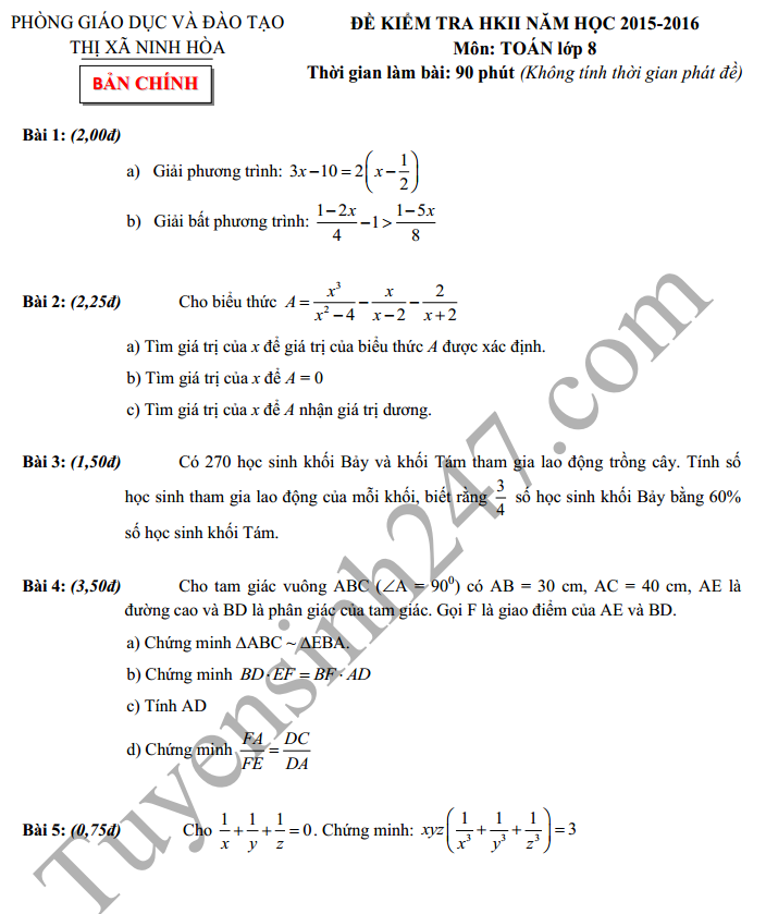 De thi hoc ki 2 lop 8 mon Toan – Ninh Hoa 2016