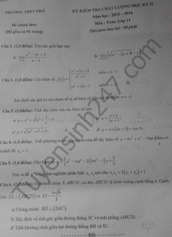De thi hoc ki 2 lop 11 nam 2016 mon Toan – THPT Proh