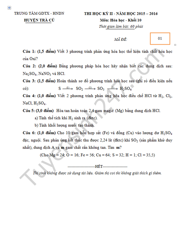 De thi hoc ki 2 lop 10 mon Hoa hoc - GDTX Tra Cu 2016