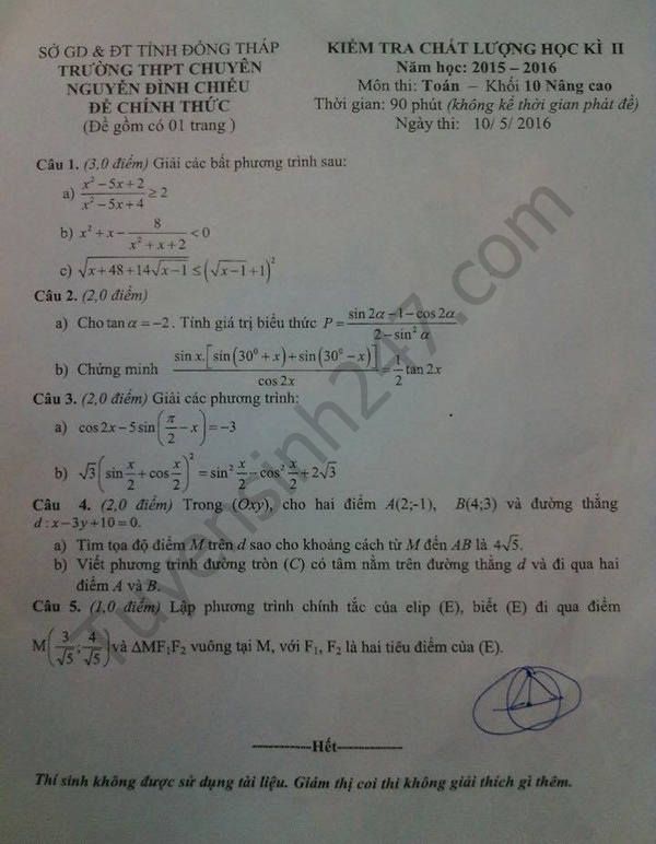 De thi hoc ki 2 lop 10 mon Toan NC - THPT Nguyen Dinh Chieu 2016