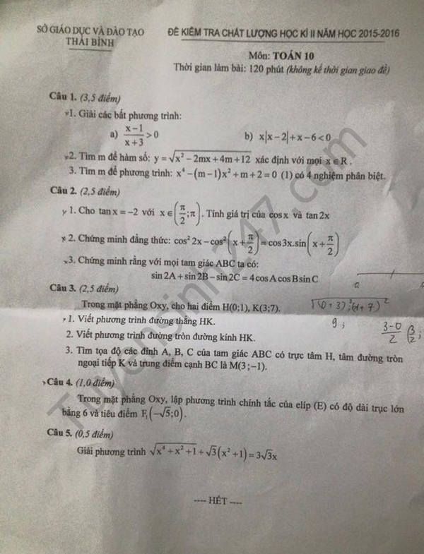 De thi hoc ki 2 lop 10 mon Toan - So GD&DT Thai Binh 2016