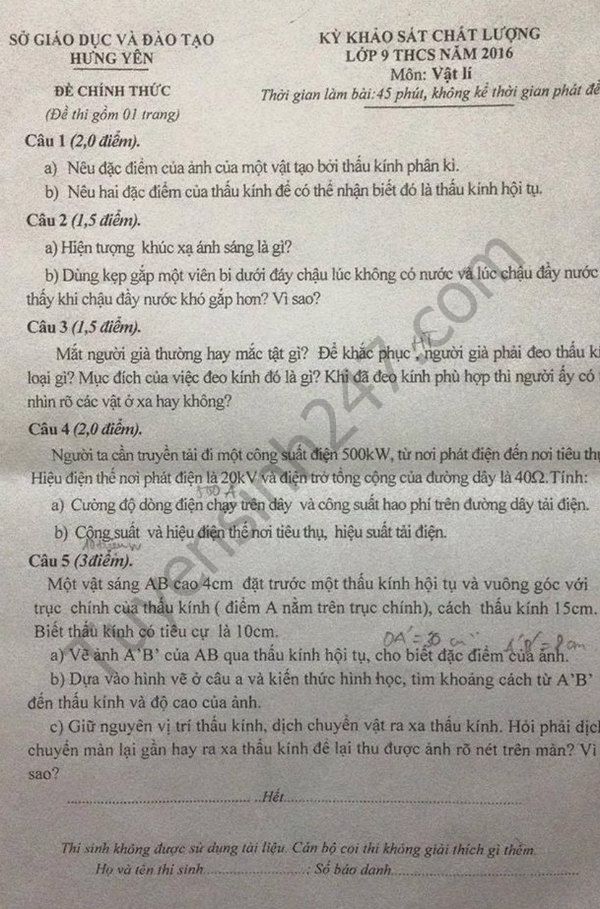 De thi thu vao lop 10 mon Vat ly 2016 - So GD&DT Hung Yen