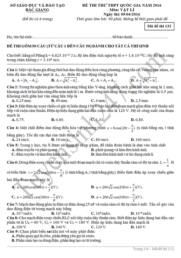 De thi thu THPT QG 2016 mon Vat Ly - So GD&DT Bac Giang