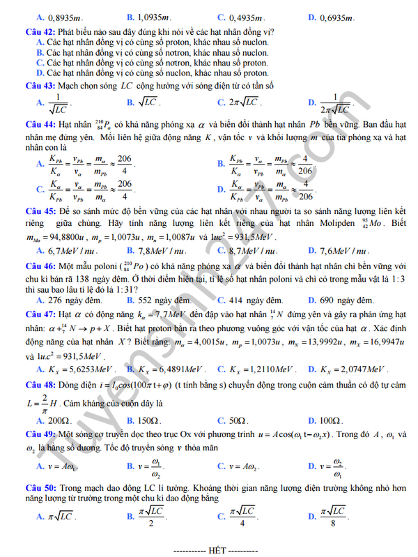 De thi thu THPT Quoc gia mon Vat Ly lan 3 - THPT Da Phuc 2016