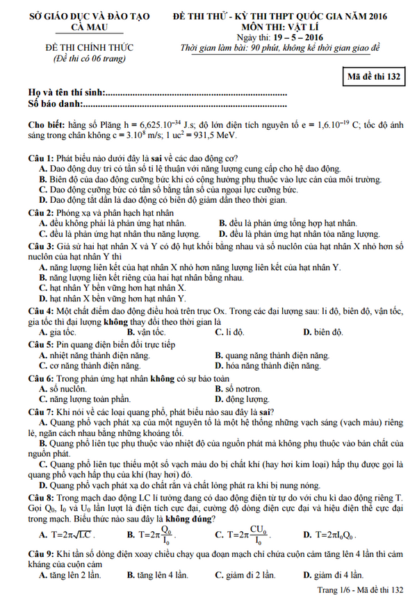 De thi thu THPT Quoc gia 2016 mon Vat Ly - So GD&DT Ca Mau